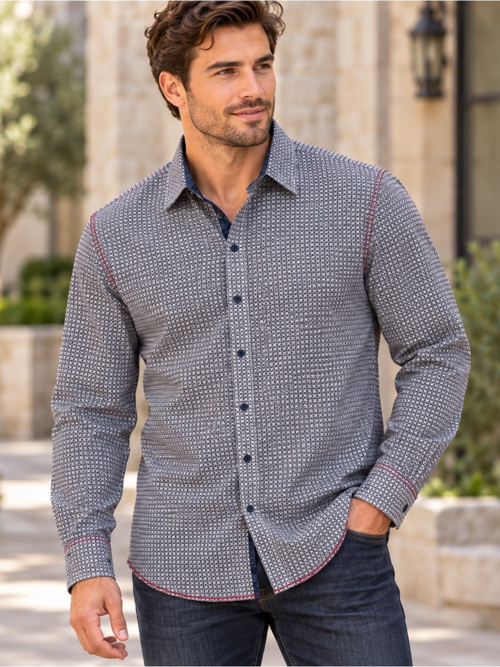 Age of Wisdom Men’s Geometric Print Long Sleeve Button Up Shirt Navy White